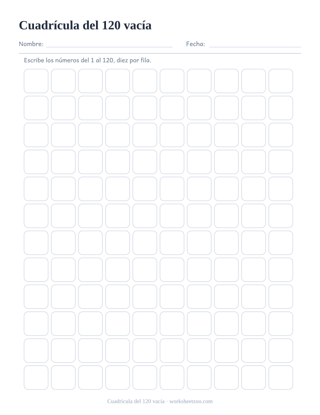 Tabla del 120 en blanco con 120 casillas vacías para escribir los números