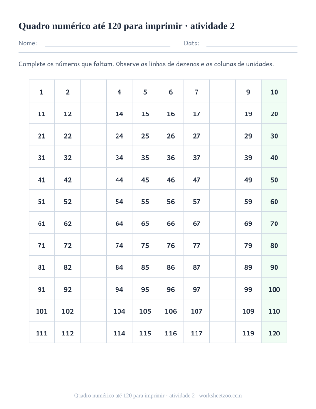 Prévia de Quadro numérico até 120 para imprimir, atividade 2 para imprimir