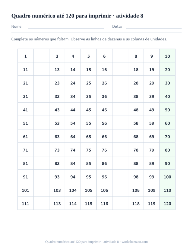 Prévia de Quadro numérico até 120 para imprimir, atividade 8 para imprimir