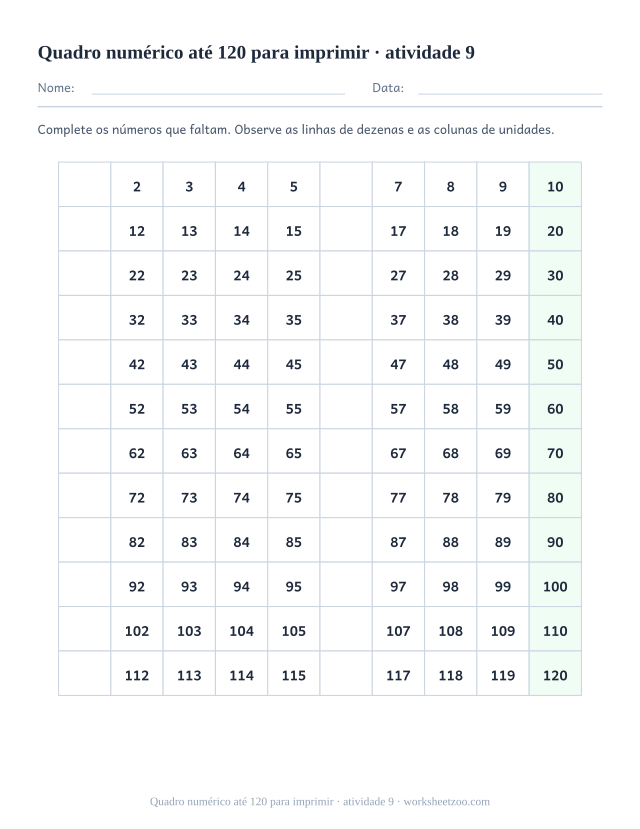 Prévia de Quadro numérico até 120 para imprimir, atividade 9 para imprimir