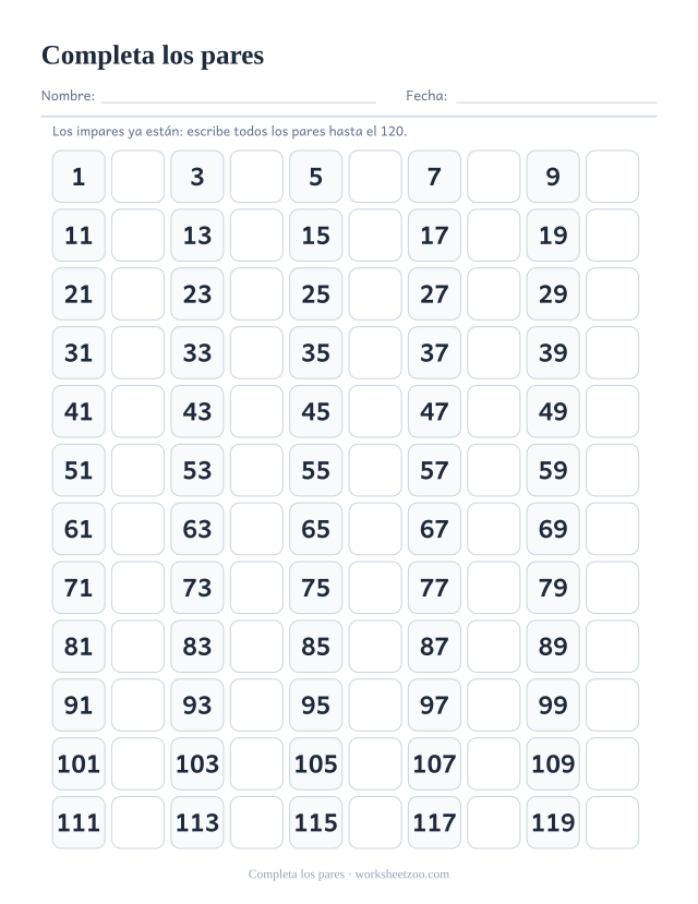 Tabla del 120 con los impares impresos y casillas vacías para todos los pares