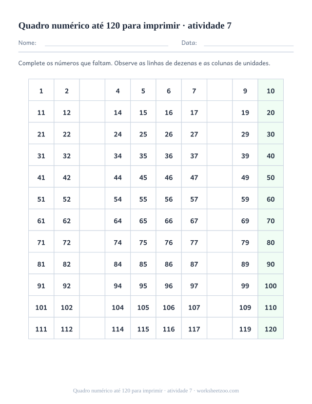 Prévia de Quadro numérico até 120 para imprimir, atividade 7 para imprimir