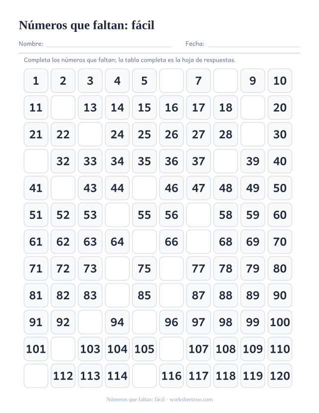 Tabla del 120 con números que faltan, versión fácil con dos huecos por fila