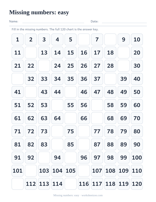 120 chart with missing numbers, easy version with two gaps per row