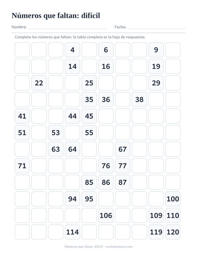 Ficha de tabla del 120 con huecos, versión difícil con solo tres pistas por fila