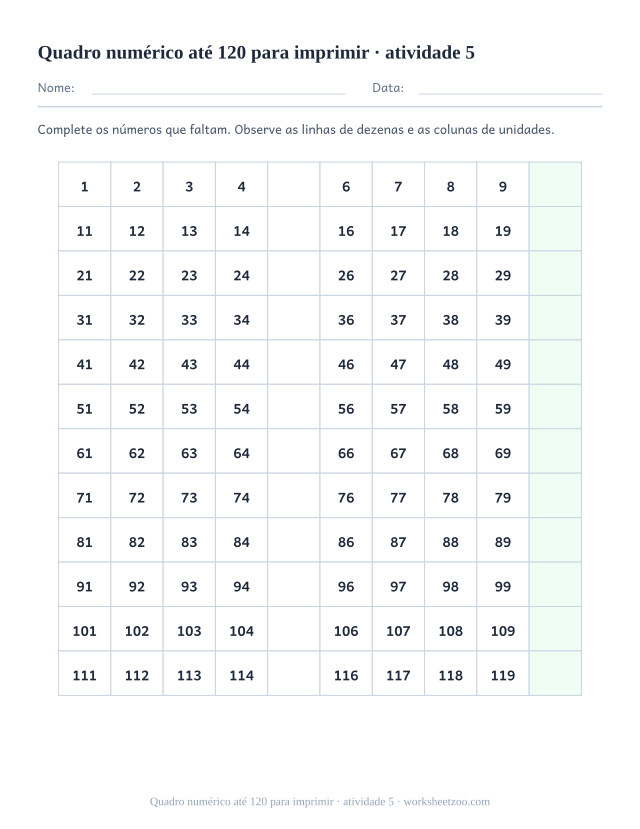 Prévia de Quadro numérico até 120 para imprimir, atividade 5 para imprimir