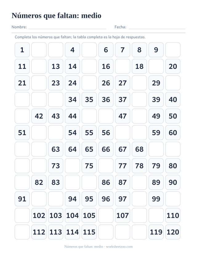 Ficha de tabla del 120 con números que faltan, versión media con cuatro huecos por fila