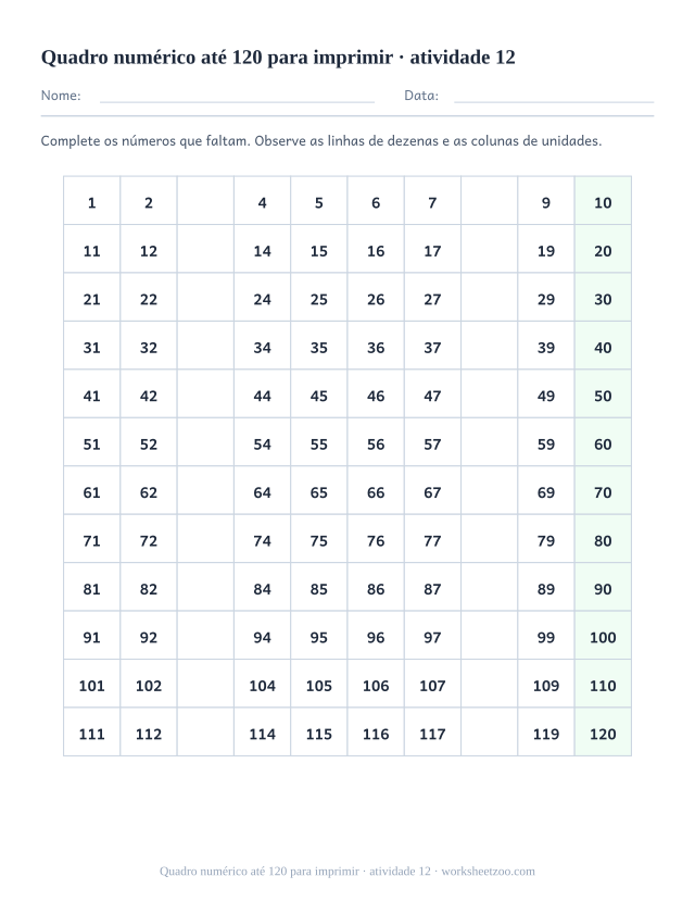 Prévia de Quadro numérico até 120 para imprimir, atividade 12 para imprimir