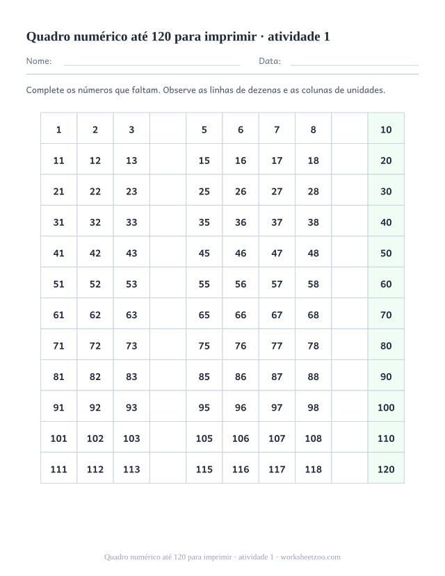 Prévia de Quadro numérico até 120 para imprimir, atividade 1 para imprimir