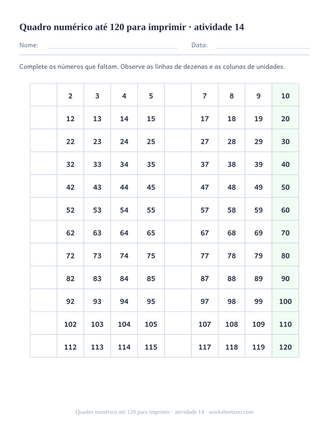 Prévia de Quadro numérico até 120 para imprimir, atividade 14 para imprimir