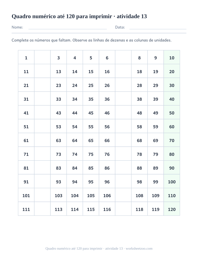 Prévia de Quadro numérico até 120 para imprimir, atividade 13 para imprimir