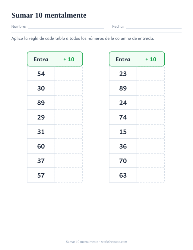 Ficha de cálculo mental para sumar 10 a números de dos cifras en una tabla de entrada y salida
