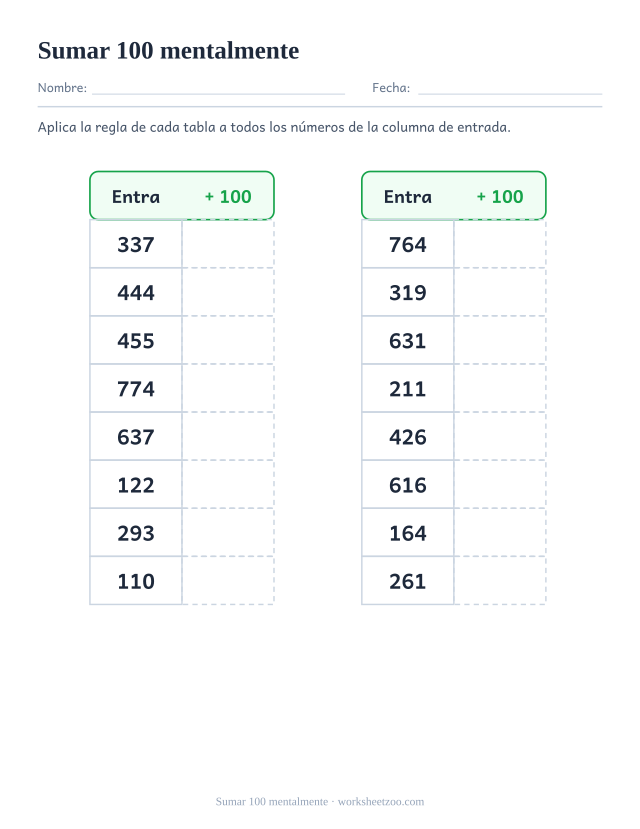 Ficha de cálculo mental para sumar 100 a números de tres cifras en una tabla de reglas