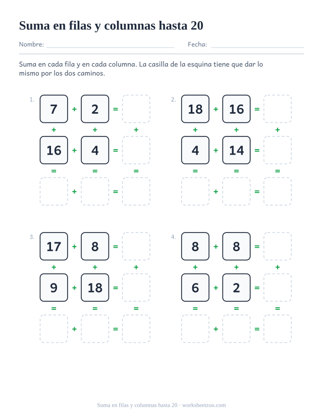 Ficha de cuadros de sumas con números hasta 20 y seis totales que completar por cuadro