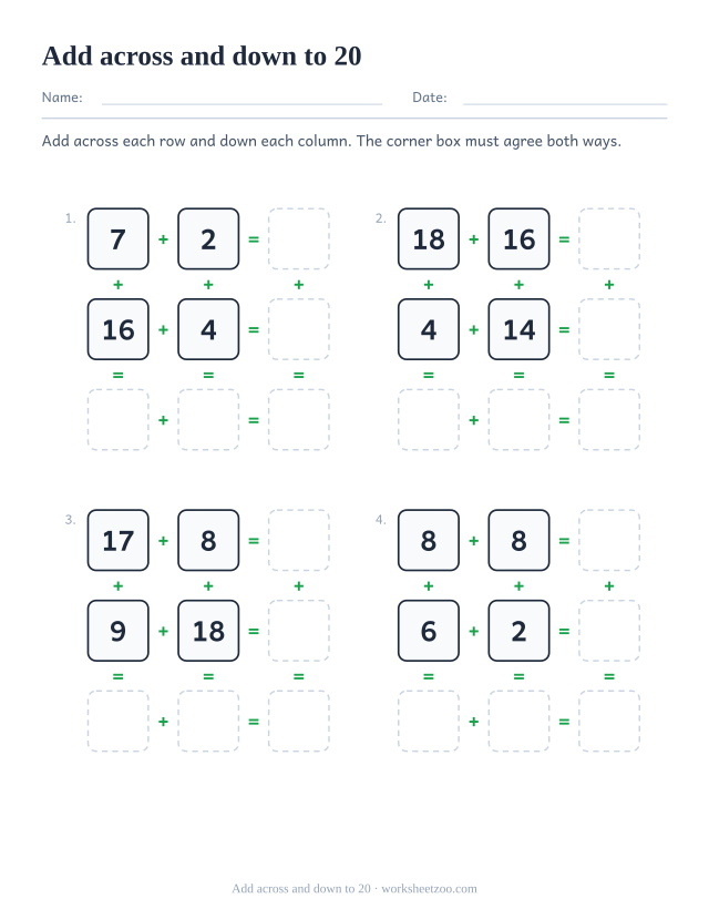 Addition grid puzzle worksheet with numbers to 20 and six totals to fill in per puzzle