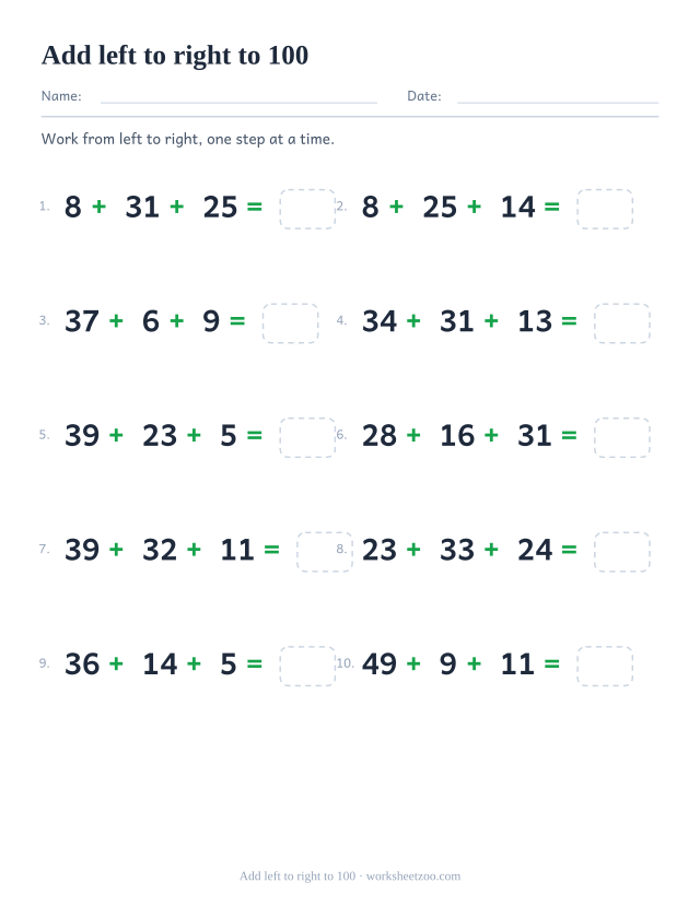 Three-number addition chain worksheet with two-digit numbers reaching 100