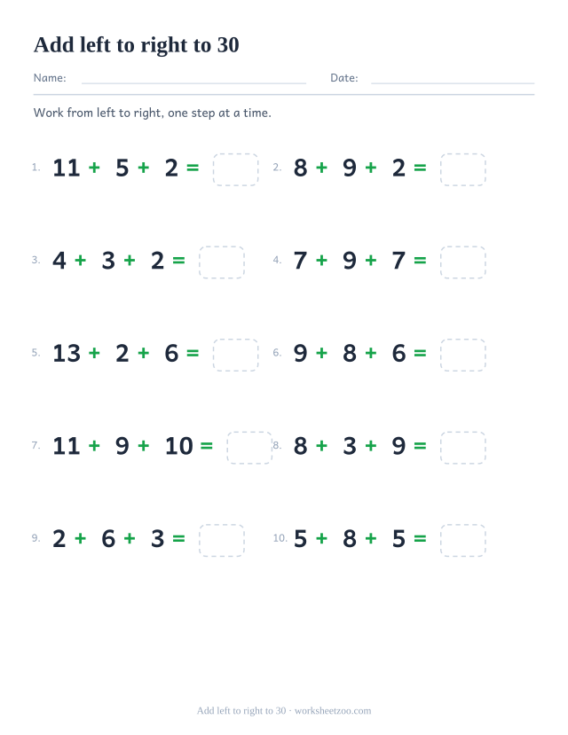 Three-number addition chain worksheet with totals up to 30 written across the page