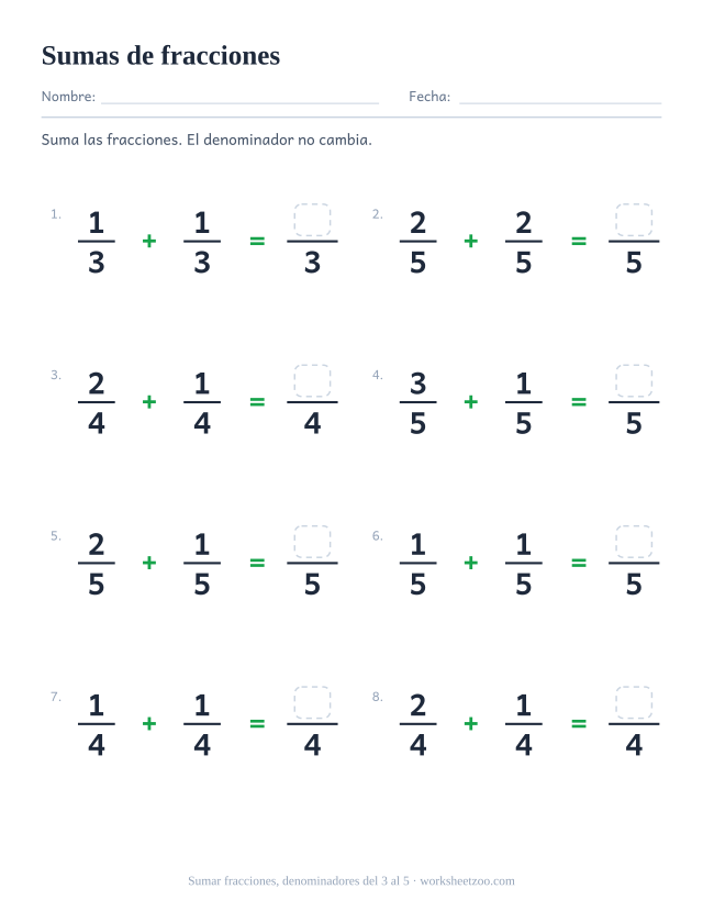 Ficha de sumas de fracciones, 8 sumas con el mismo denominador del 3 al 5 con resultado propio