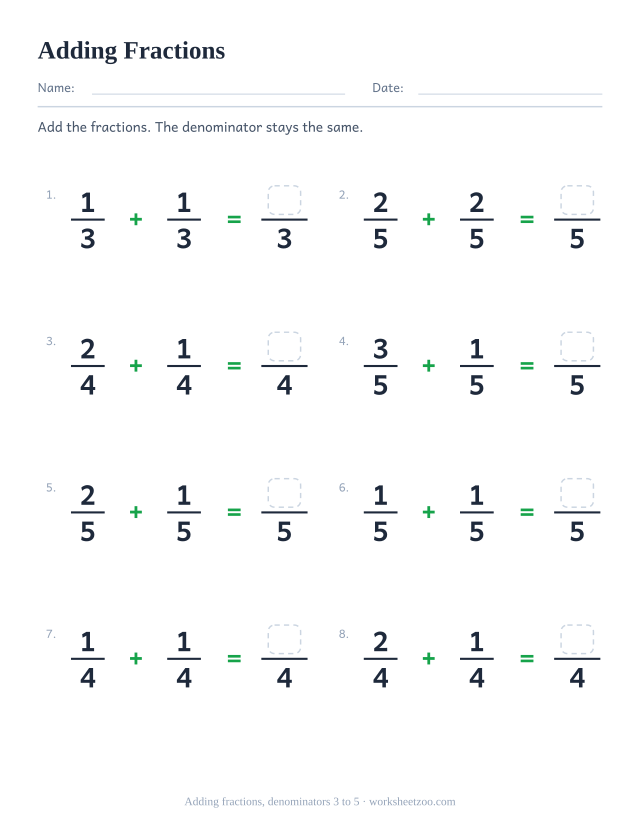 Adding fractions worksheet, 8 additions with like denominators 3 to 5 that stay proper