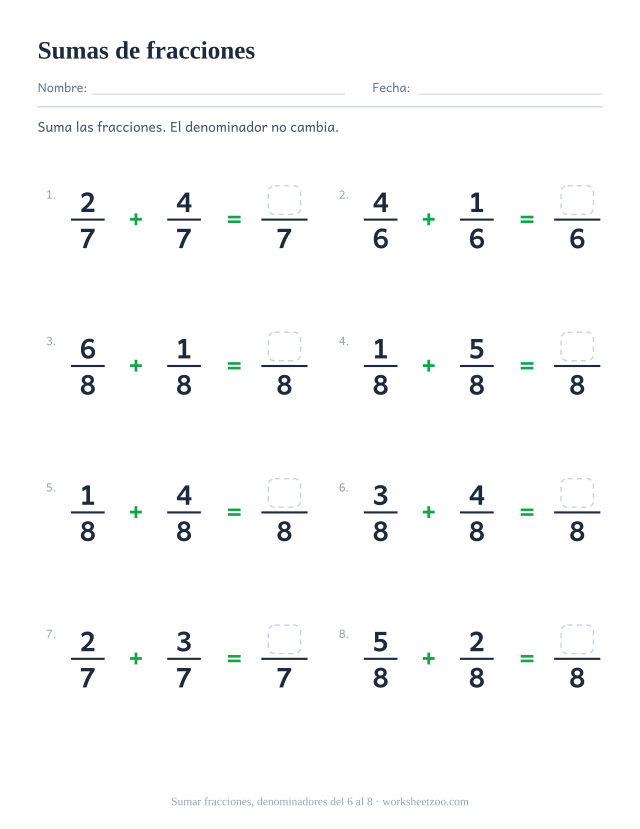 Ficha de sumas de fracciones, 8 sumas con el mismo denominador del 6 al 8 con resultado propio