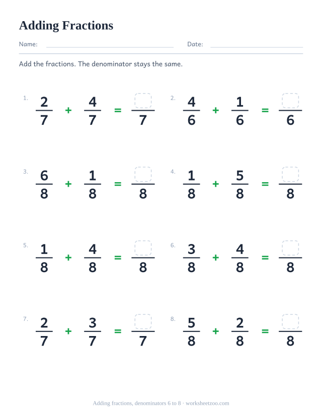 Adding fractions worksheet, 8 additions with like denominators 6 to 8 that stay proper