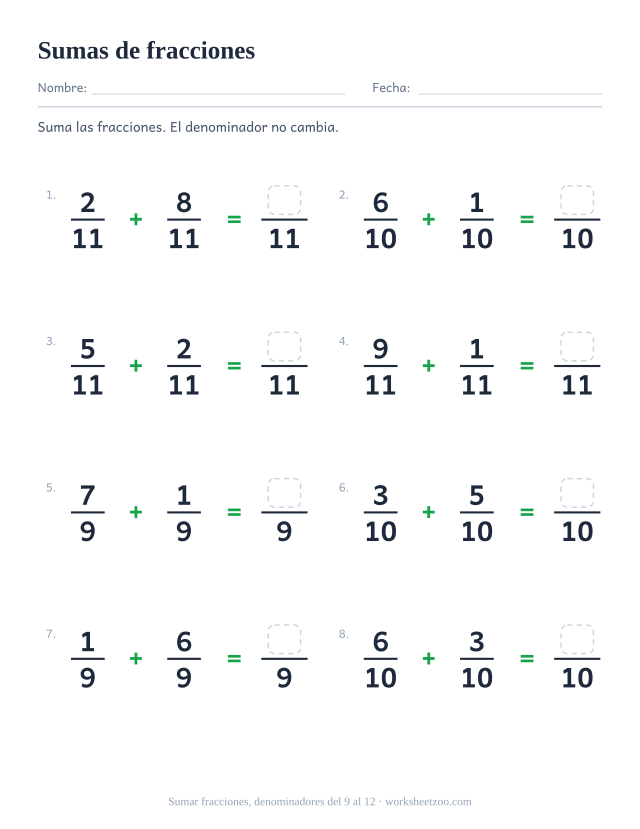 Ficha de sumas de fracciones, 8 sumas con el mismo denominador del 9 al 12 con resultado propio
