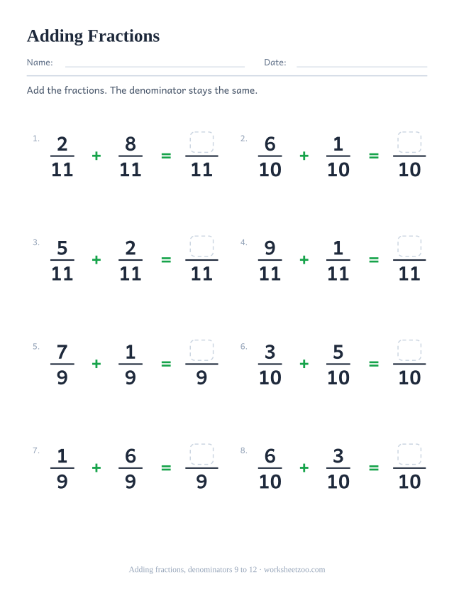 Adding fractions worksheet, 8 additions with like denominators 9 to 12 that stay proper
