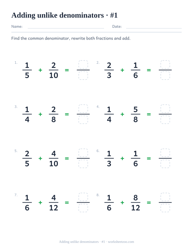 Adding fractions with unlike denominators worksheet where one denominator is a multiple of the other