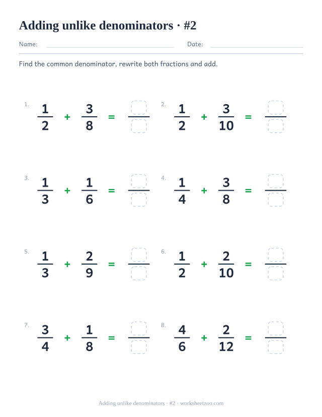 Adding fractions with unlike denominators worksheet with denominators up to ten