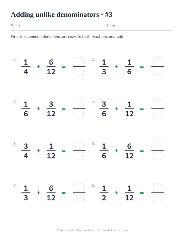 Adding fractions with unlike denominators worksheet reaching twelfths