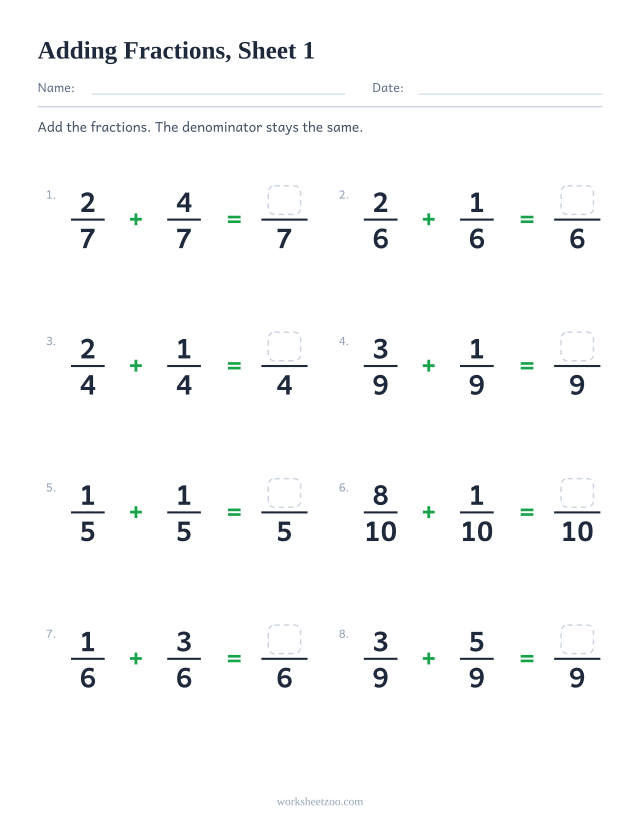 Adding fractions worksheet with like denominators, 8 problems where the sum stays a proper fraction, sheet 1