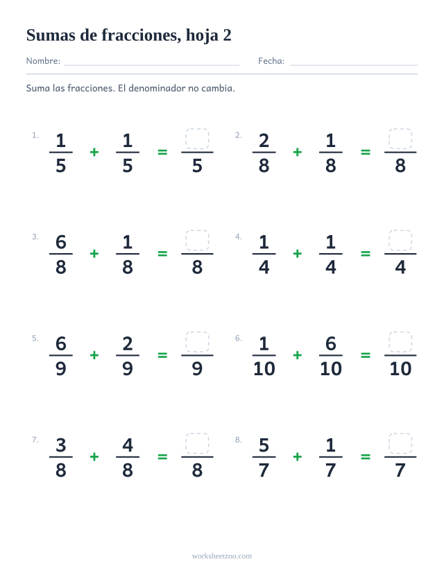 Ficha de sumas de fracciones con el mismo denominador, 8 operaciones con resultado propio, hoja 2