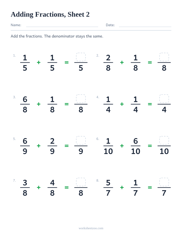 Adding fractions worksheet with like denominators, 8 problems where the sum stays a proper fraction, sheet 2