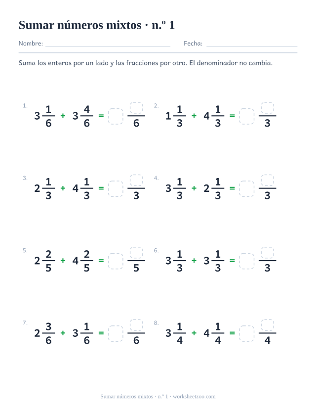 Ficha de sumar números mixtos con el mismo denominador, hasta sextos