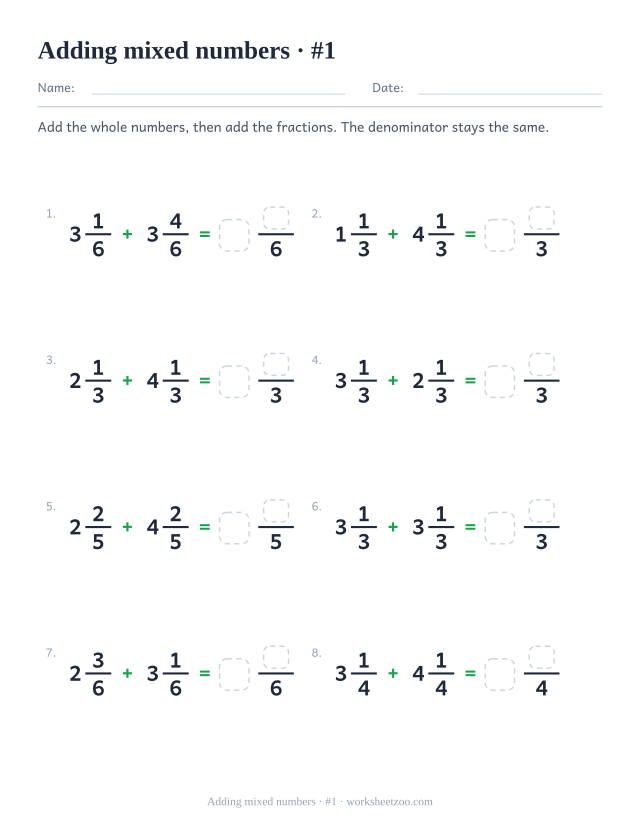 Adding mixed numbers worksheet with like denominators up to sixths