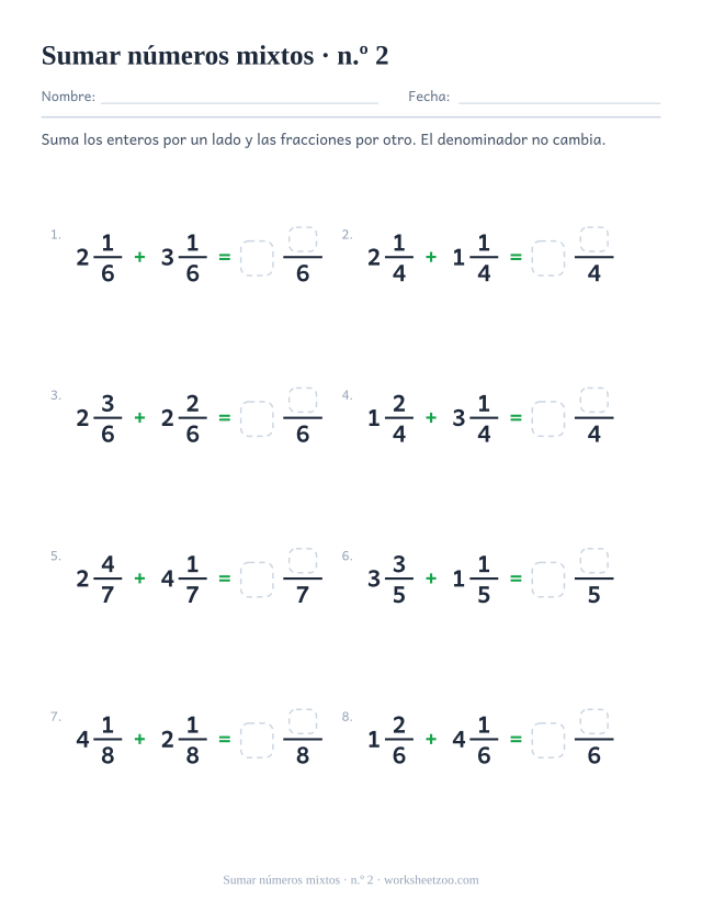 Ficha de sumar números mixtos con el mismo denominador, hasta octavos