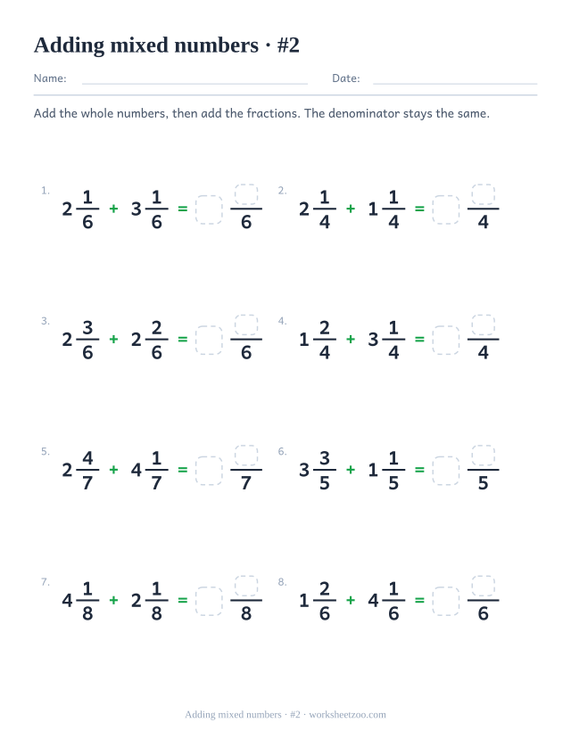 Adding mixed numbers worksheet with like denominators up to eighths