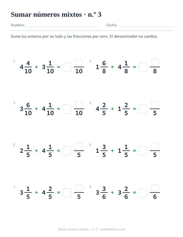 Ficha de sumar números mixtos con denominadores hasta décimos y enteros hasta cuatro