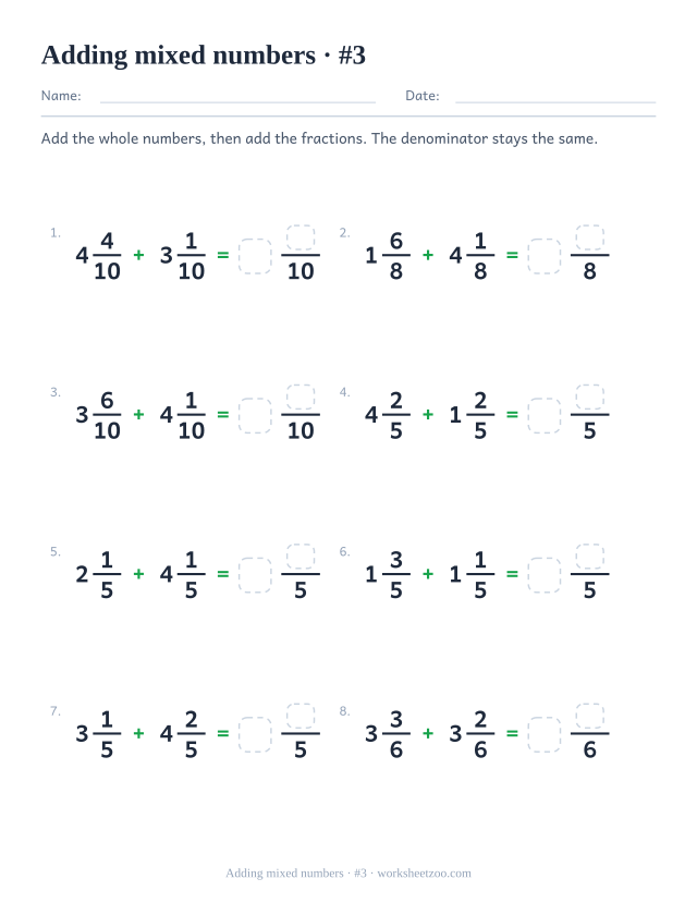 Adding mixed numbers worksheet with denominators up to tenths and whole numbers to four