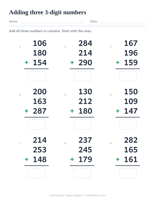Worksheet for adding three three-digit numbers in columns, upper primary arithmetic