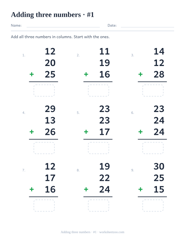 Worksheet for adding three two-digit numbers in a column with a single answer box