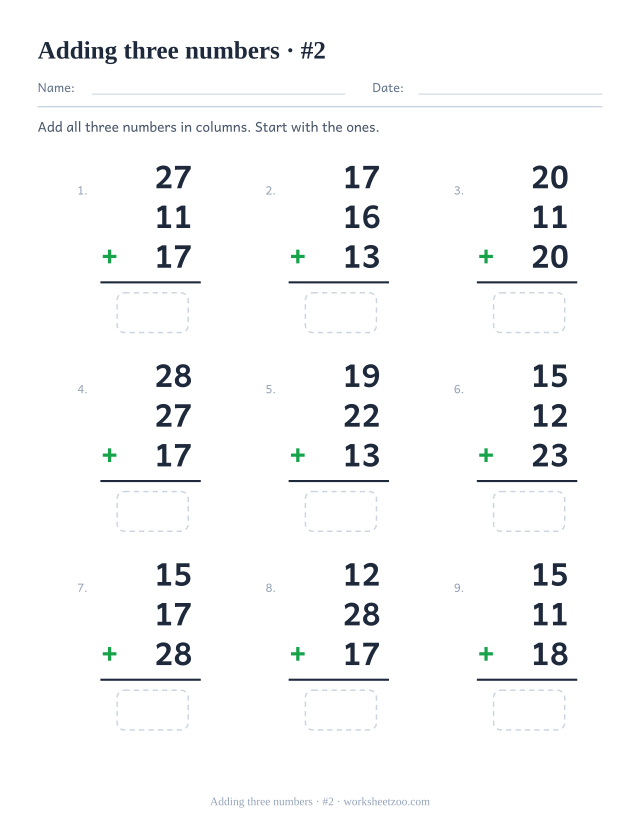 Second worksheet for adding three two-digit numbers together in column format