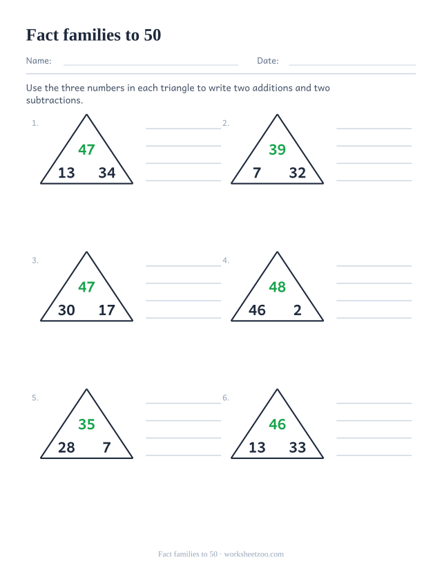 Addition fact family worksheet with two-digit number triangles up to 50 for older learners