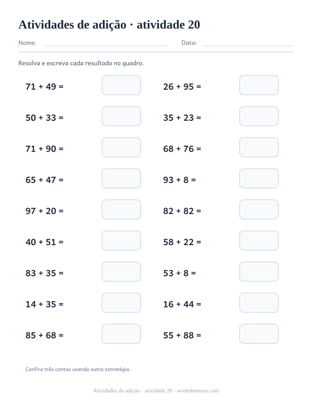 Prévia de Atividades de adição, atividade 20 para imprimir