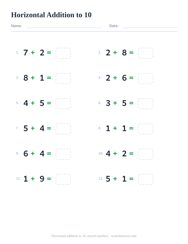 Horizontal addition worksheet, 12 problems within 10 mixing every kind of number pair written left to right