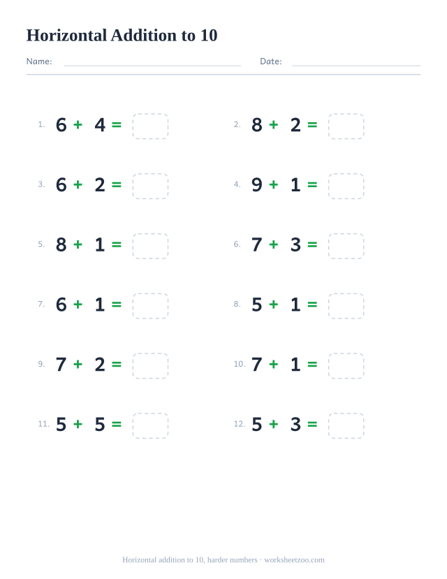 Horizontal addition worksheet, 12 problems within 10 that each include a larger number written left to right