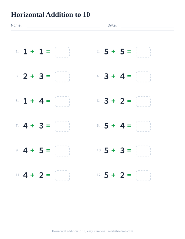 Horizontal addition worksheet, 12 problems within 10 built from two small numbers written left to right