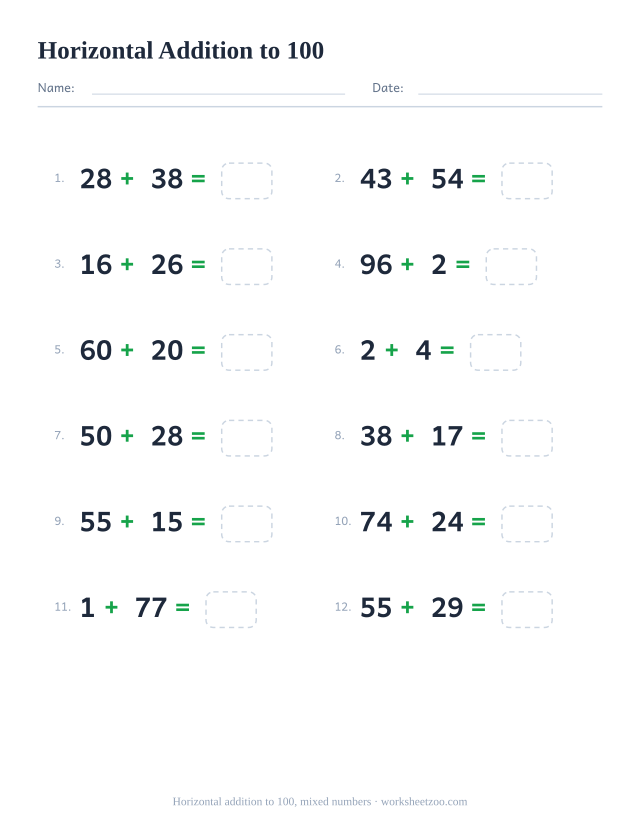 Horizontal addition worksheet, 12 problems within 100 mixing every kind of number pair written left to right