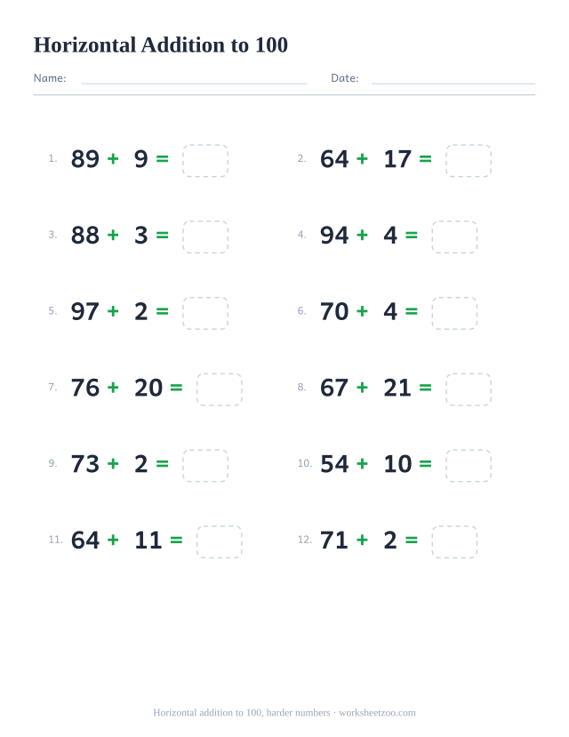 Horizontal addition worksheet, 12 problems within 100 that each include a larger number written left to right