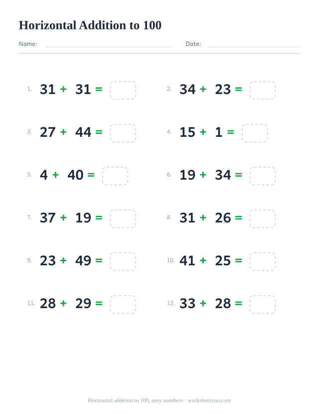 Horizontal addition worksheet, 12 problems within 100 built from two small numbers written left to right
